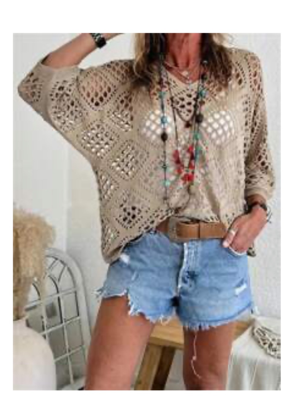 Khaki Open knit Diamond Top